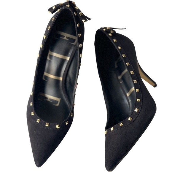 ELLE Women's Black Suede Pumps Heels Gold Studded Pointed Toe with Bow, Sz 8M - Picture 1 of 9